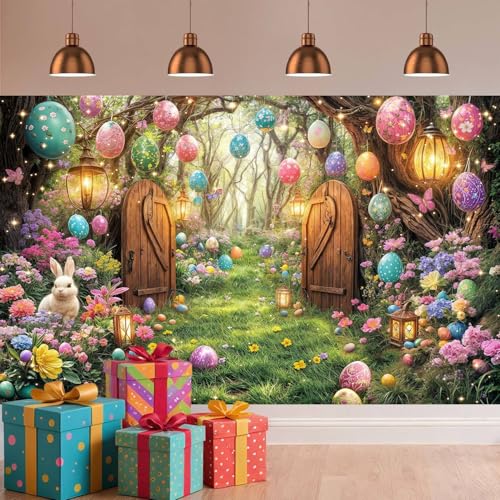 NYMB 10X8ft Easter Photography Backdrop Spring Fairytale Enchanted Forest Backdrop Funny Bunny Rabbit Banner Party Decorations Colorful Eggs Flower Photo Backdrops Kids Portrait Photoshoot Studio Props - Image 4