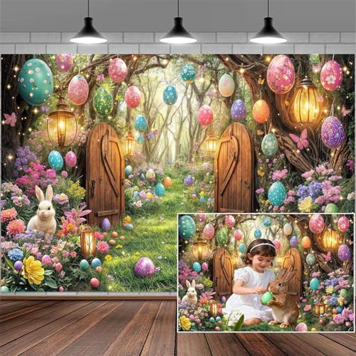 NYMB 10X8ft Easter Photography Backdrop Spring Fairytale Enchanted Forest Backdrop Funny Bunny Rabbit Banner Party Decorations Colorful Eggs Flower Photo Backdrops Kids Portrait Photoshoot Studio Props - Image 1