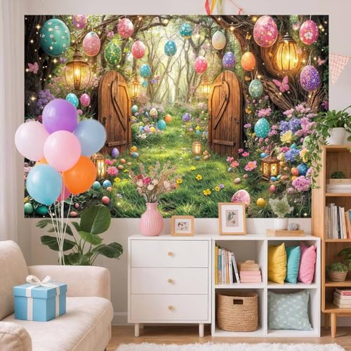 NYMB 10X8ft Easter Photography Backdrop Spring Fairytale Enchanted Forest Backdrop Funny Bunny Rabbit Banner Party Decorations Colorful Eggs Flower Photo Backdrops Kids Portrait Photoshoot Studio Props - Image 2
