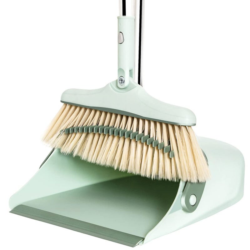 Broom and Dustpan Set for Home Long Handle Dust Pan and Broom Combo for Indoor Outdoor Heavy Duty Dustpan Set for Kitchen Lobby Office Upright Standing Dustpan with Teeth Green