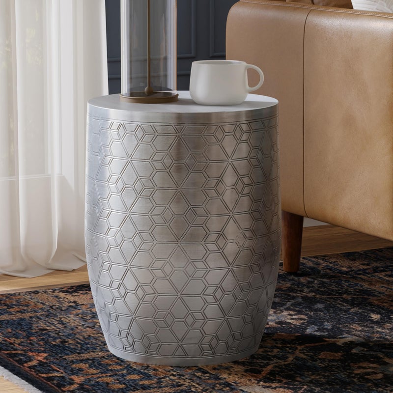 Simpli Home SIMPLIHOME Johnsen Metal Table - 15 inch Wide Solid Iron Round Accent Table in Antique Silver, Boho Side or End Table for Living Room or Bedroom with Etched Geometric Pattern, Assembled - Image 2