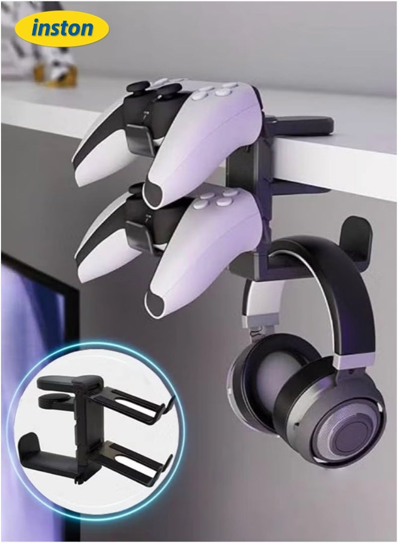 inston 3-in-1 PC gaming headset and controller stand, Headphone Stands with 360° rotating non-slip clamp, with 2 controller holders, universal gaming accessory storage for controllers, headset, and cables, black - Image 1