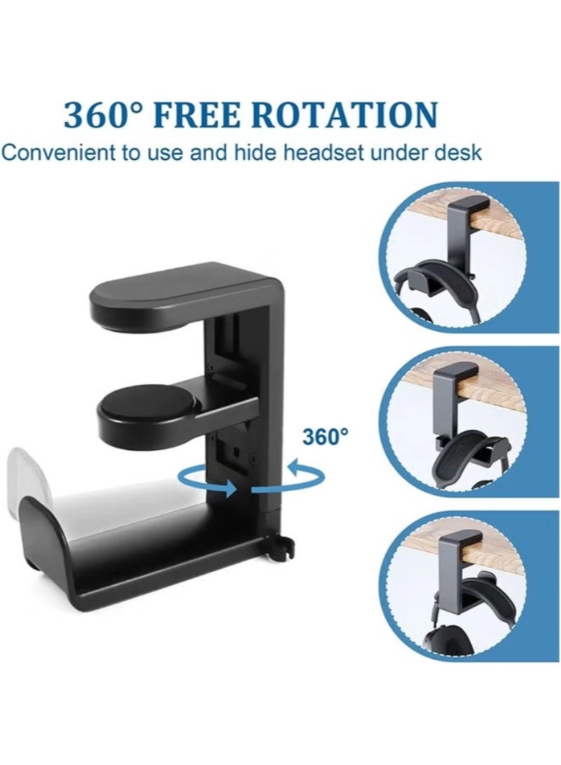 inston 3-in-1 PC gaming headset and controller stand, Headphone Stands with 360° rotating non-slip clamp, with 2 controller holders, universal gaming accessory storage for controllers, headset, and cables, black - Image 4