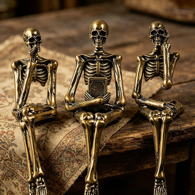 XINXUAN Flexible anti-break Halloween Decorations Skull Statue Home Decor, Modern Bookshelf and Desk Decor, Set of 3 (Retro - Gold) Major city pickup option - Image 2