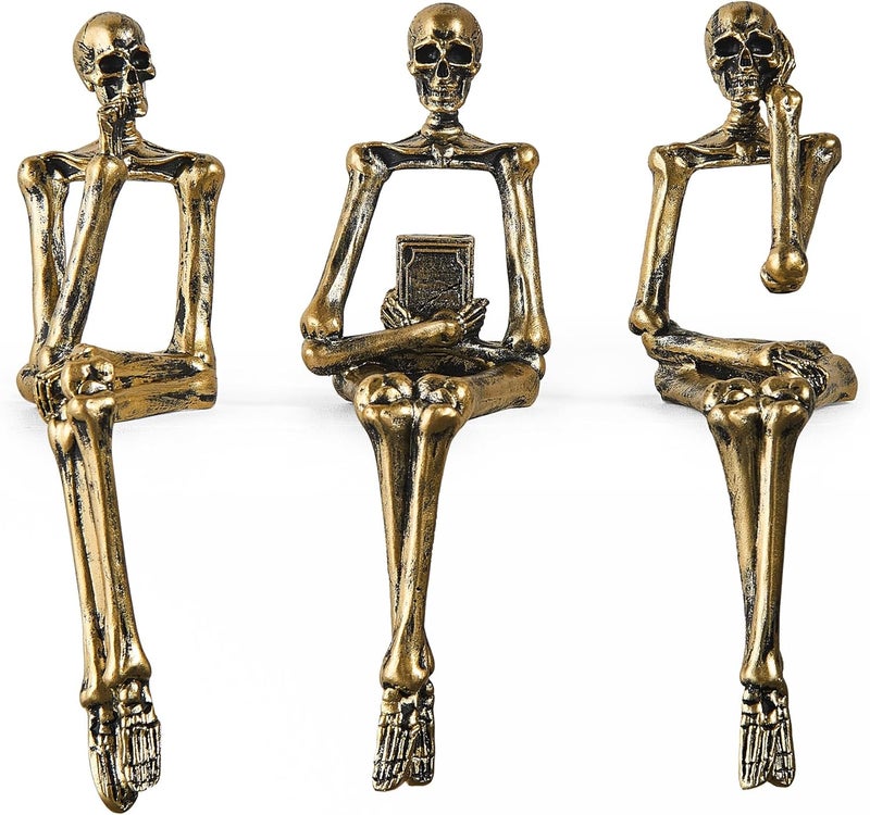 XINXUAN Flexible anti-break Halloween Decorations Skull Statue Home Decor, Modern Bookshelf and Desk Decor, Set of 3 (Retro - Gold) Major city pickup option - Image 1