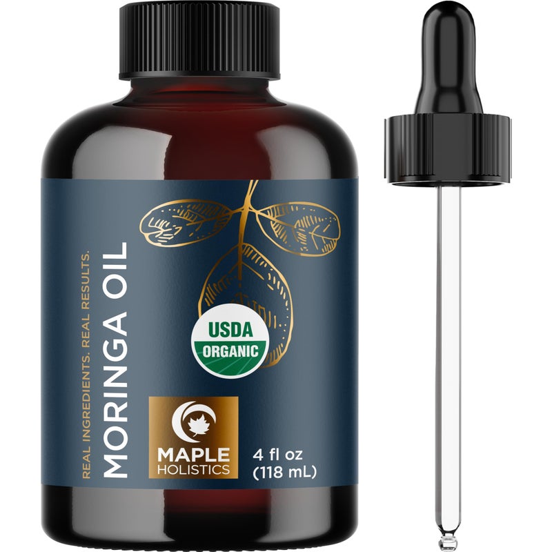 Maple Holistics Organic Moringa Oil for Hair and Skin - Cold Pressed Virgin Unrefined Natural Pure USDA Organic Hair Oil for Dry Damaged Hair and Ultra Hydrating Face Oil - Carrier Oil for Essential Oils Mixing - Image 1