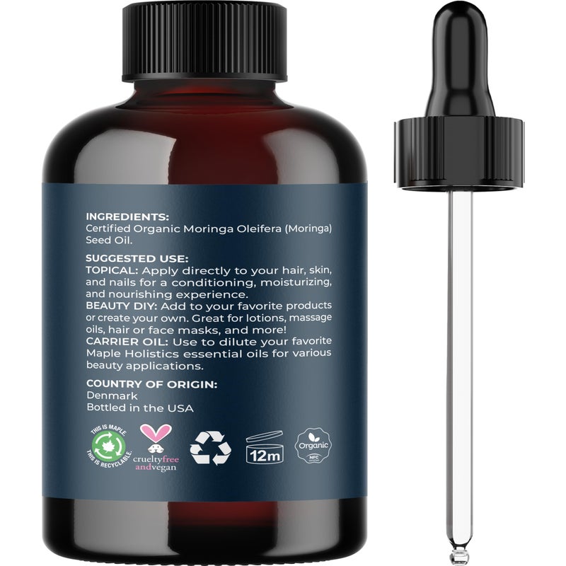 Maple Holistics Organic Moringa Oil for Hair and Skin - Cold Pressed Virgin Unrefined Natural Pure USDA Organic Hair Oil for Dry Damaged Hair and Ultra Hydrating Face Oil - Carrier Oil for Essential Oils Mixing - Image 4