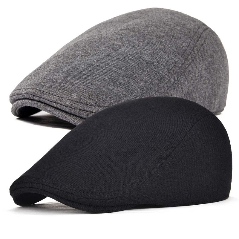 FEINION 2 Pack Men Cotton Newsboy Cap Soft Fit Cabbie Hat (Black/Dark Grey) - Image 1