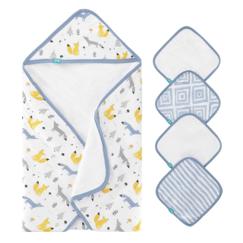 Featherhead 5Piece 100 Cotton Muslin Hooded Bath Towel  Washcloths Set for Baby Boy  Ultra Soft and Extra Absorbent  Newborn Essential  Perfect Baby Registry Gift Blue Foxes