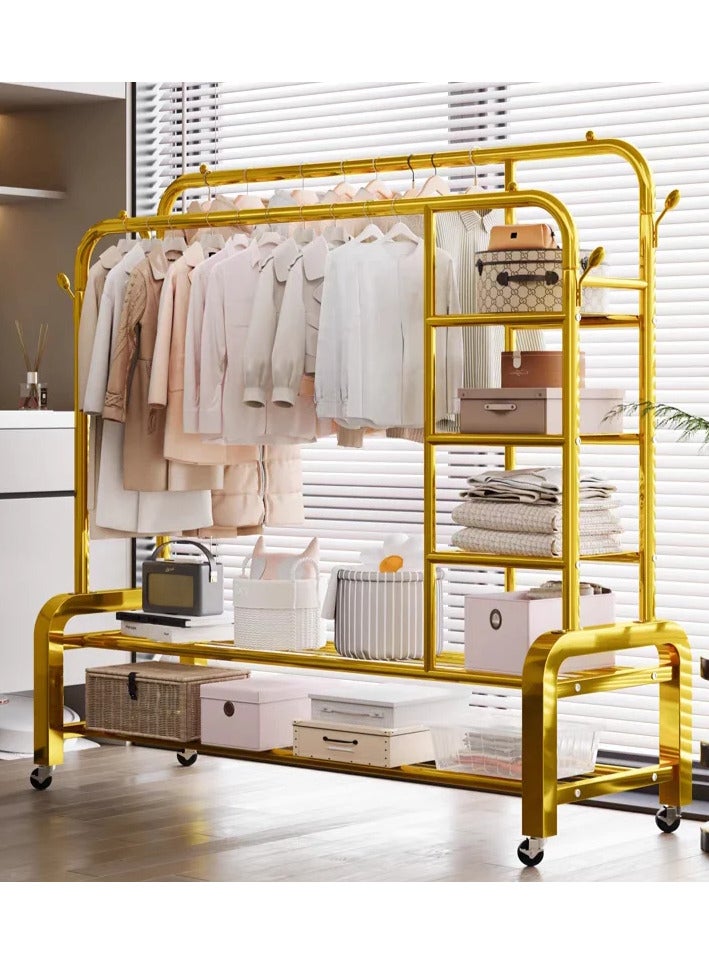 SHEE ONE Double Clothes Rack by SHEE ONE | Rolling Wardrobe Stand with Side Hooks | Multi-Layer Clothes & Shoe Organizer with Side and Bottom Shelves | 155×150×55 cm | Gold Color - Image 2