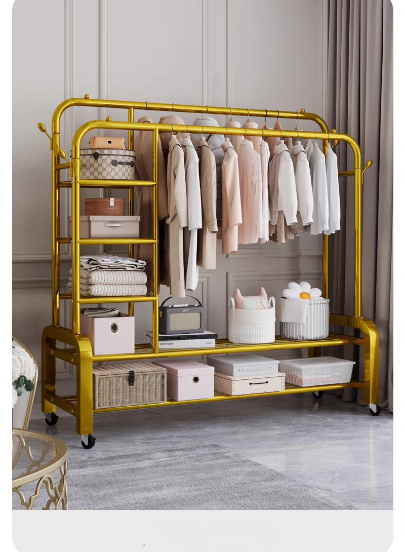 SHEE ONE Double Clothes Rack by SHEE ONE | Rolling Wardrobe Stand with Side Hooks | Multi-Layer Clothes & Shoe Organizer with Side and Bottom Shelves | 155×150×55 cm | Gold Color - Image 4