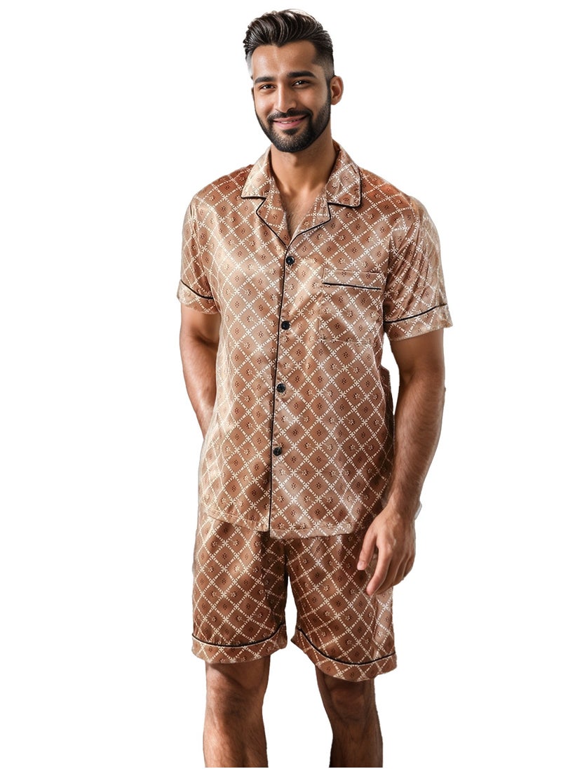 RuanMM - Men's Classic Silky Satin Pajama Set Short Sleeve Sleepwear Button Loungewear with short Pants-Golden Plaid - Image 1