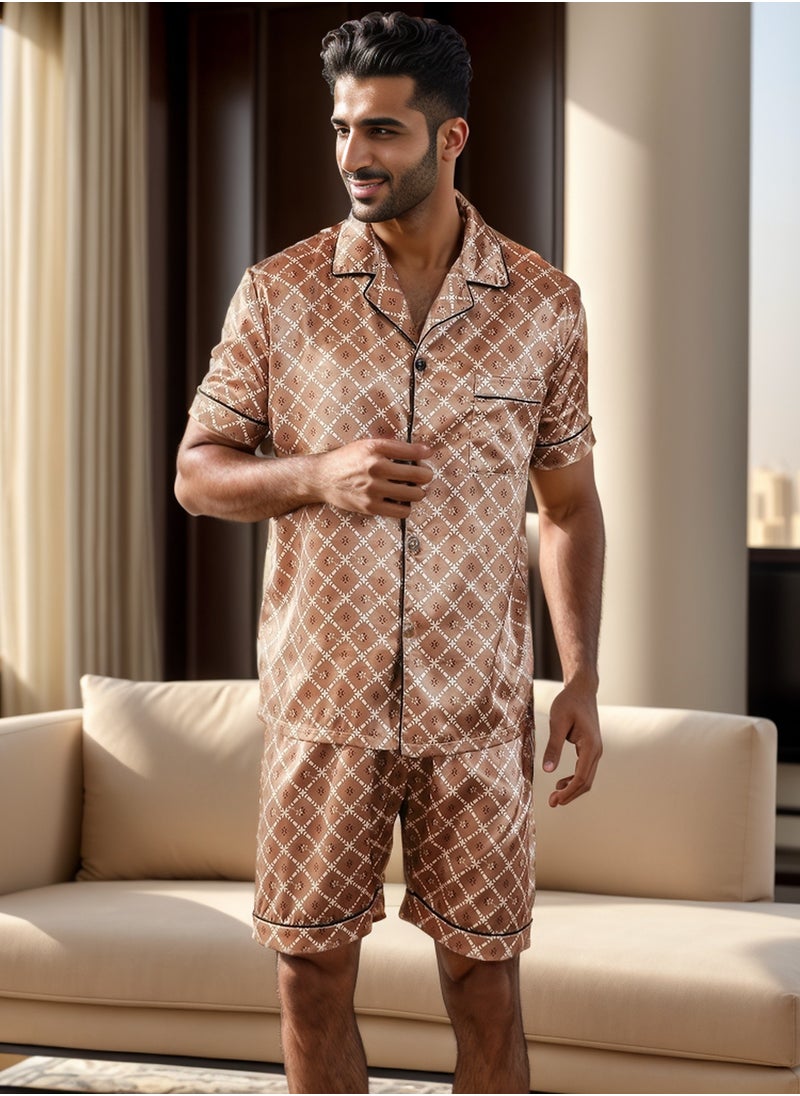 RuanMM - Men's Classic Silky Satin Pajama Set Short Sleeve Sleepwear Button Loungewear with short Pants-Golden Plaid - Image 1