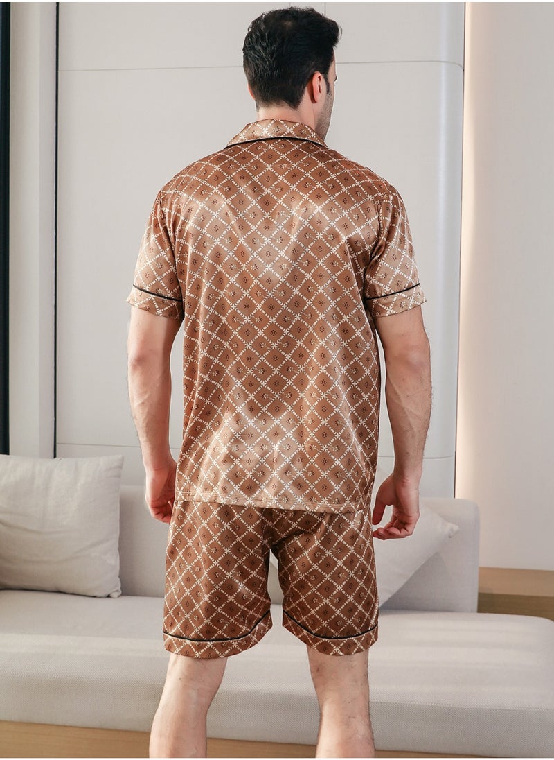 RuanMM - Men's Classic Silky Satin Pajama Set Short Sleeve Sleepwear Button Loungewear with short Pants-Golden Plaid - Image 1