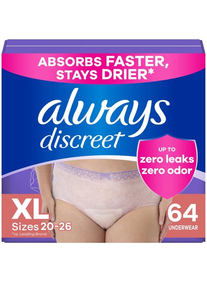 Always Discreet Adult Incontinence Underwear for Women and Postpartum Underwear, Extra Large, Up to 100% Bladder Leak Protection, 64 Count (2 Packs of 32) - Image 1