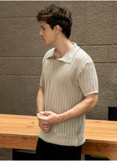 كامبوس سوترا Men's Ash Grey Stripe-Textured Polo T-Shirt  - Image 3