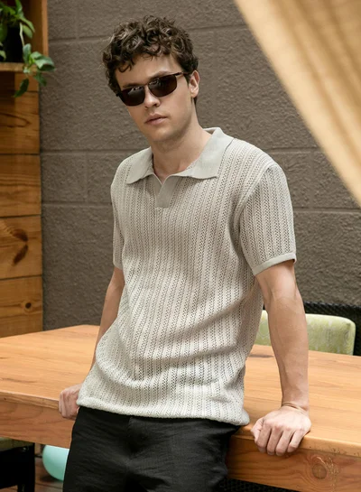 Campus Sutra Men's Ash Grey Stripe-Textured Polo T-Shirt