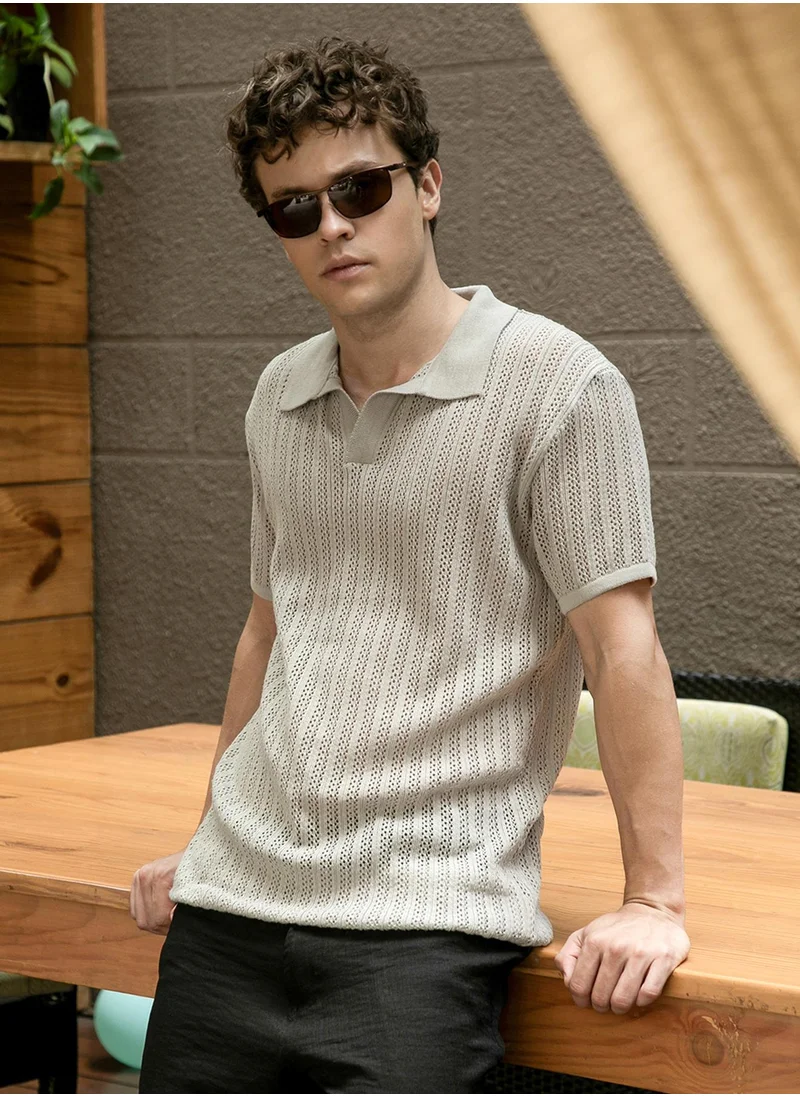 Campus Sutra Men's Ash Grey Stripe-Textured Polo T-Shirt