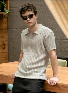 كامبوس سوترا Men's Ash Grey Stripe-Textured Polo T-Shirt  - Image 1