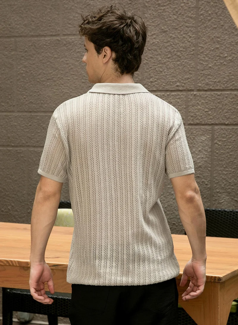 كامبوس سوترا Men's Ash Grey Stripe-Textured Polo T-Shirt