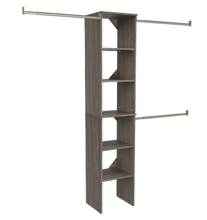 SUITESYMPHONY WOOD CLOSET ORGANIZER STARTER KIT WITH TOWER AND 3 HANG RODS SHELVES ADJUSTABLE FITS SPACES 4 9 FT WIDE GRAPHITE GREY