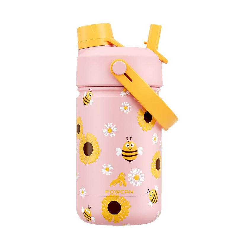 powcan 12 oz Kids Metal Water Bottle for School: Leakproof, Insulated Cup with Dual Straw Spout Lid, BPA-Free, Car Cupholder Friendly, 24H Cold for Camping, Sports, Birthday Gift for Girs (Bee the Sunshine) - Image 1