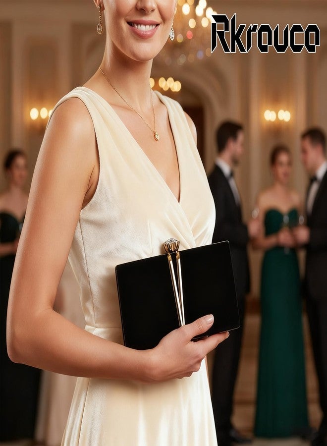 Rkrouco Clutch Bags for Women Vintage Evening Bag Diamond Handbag Suede Velvet Purse With Detachable Chain for Wedding Bridal Prom Cocktail Party Ladies Evening Handbag (Black) - Image 2
