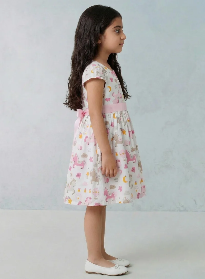 بيبي كلو Girls Unicorn Print Short Sleeve Summer Dress Pink