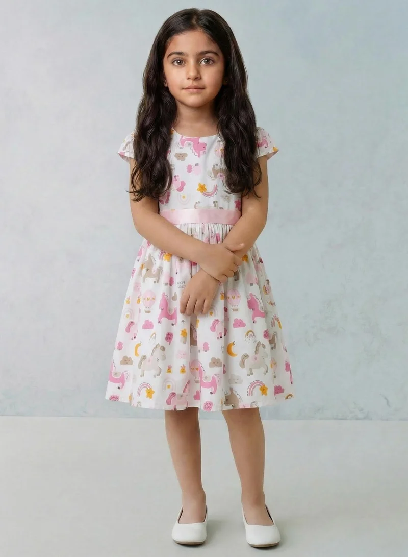 بيبي كلو Girls Unicorn Print Short Sleeve Summer Dress Pink