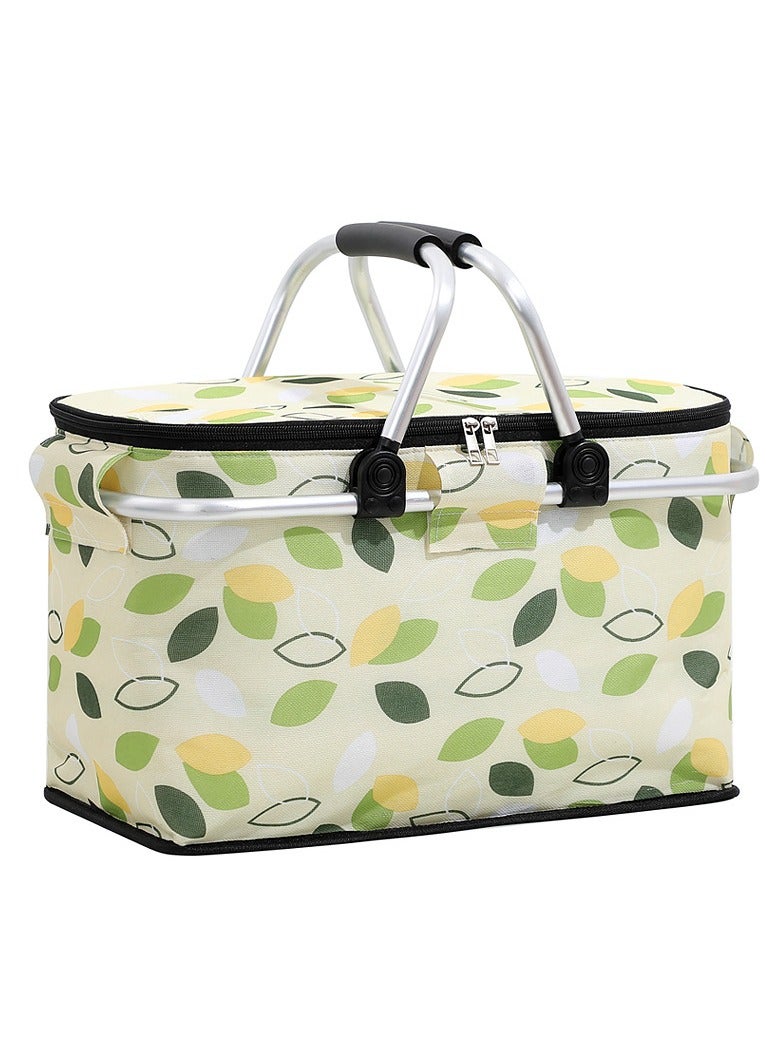TRASSLE Picnic Basket Bag,Portable Collapsible Shopping Basket with Aluminium Handles,Lunch Box Organizer,Insulated Cooler Bag,Grocery Bag,for Shopping, Travel, Camping(Green leaves)  - Image 1