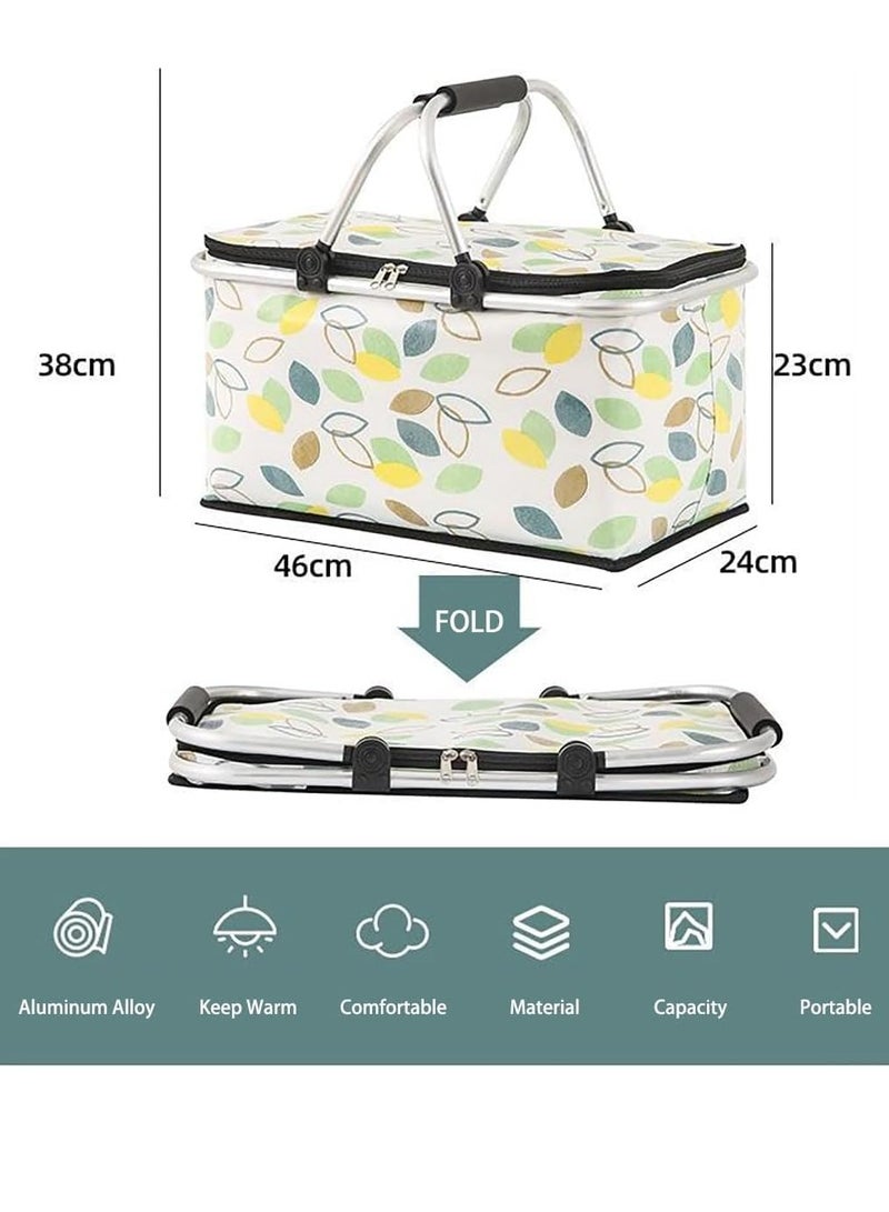 TRASSLE Picnic Basket Bag,Portable Collapsible Shopping Basket with Aluminium Handles,Lunch Box Organizer,Insulated Cooler Bag,Grocery Bag,for Shopping, Travel, Camping(Green leaves)  - Image 4