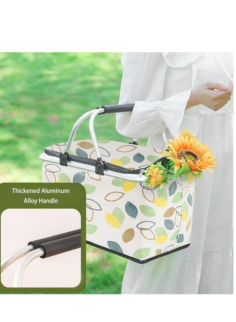 TRASSLE Picnic Basket Bag,Portable Collapsible Shopping Basket with Aluminium Handles,Lunch Box Organizer,Insulated Cooler Bag,Grocery Bag,for Shopping, Travel, Camping(Green leaves)  - Image 3