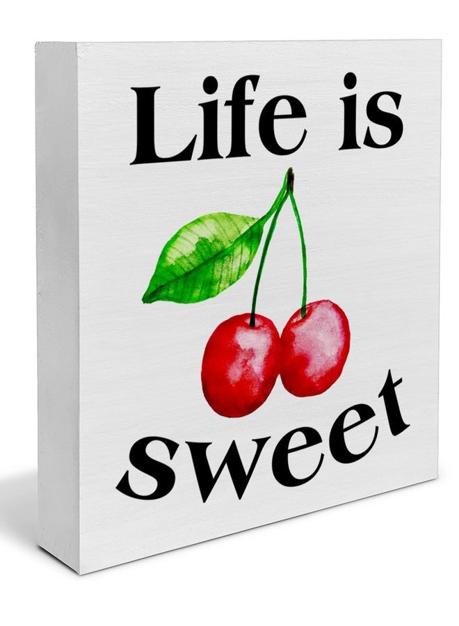 CIANMGD Summer Cherry Wooden Sign Life is Sweet Cherry Wooden Sign Art Blocks Desk Decor Rustic Signs for Shelf Tabletop Wall Home Kitchen Decoration 5 X 5 Inch - Image 1