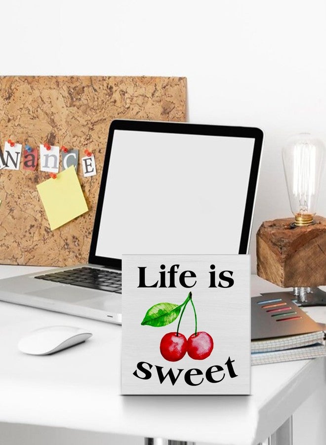 CIANMGD Summer Cherry Wooden Sign Life is Sweet Cherry Wooden Sign Art Blocks Desk Decor Rustic Signs for Shelf Tabletop Wall Home Kitchen Decoration 5 X 5 Inch - Image 3