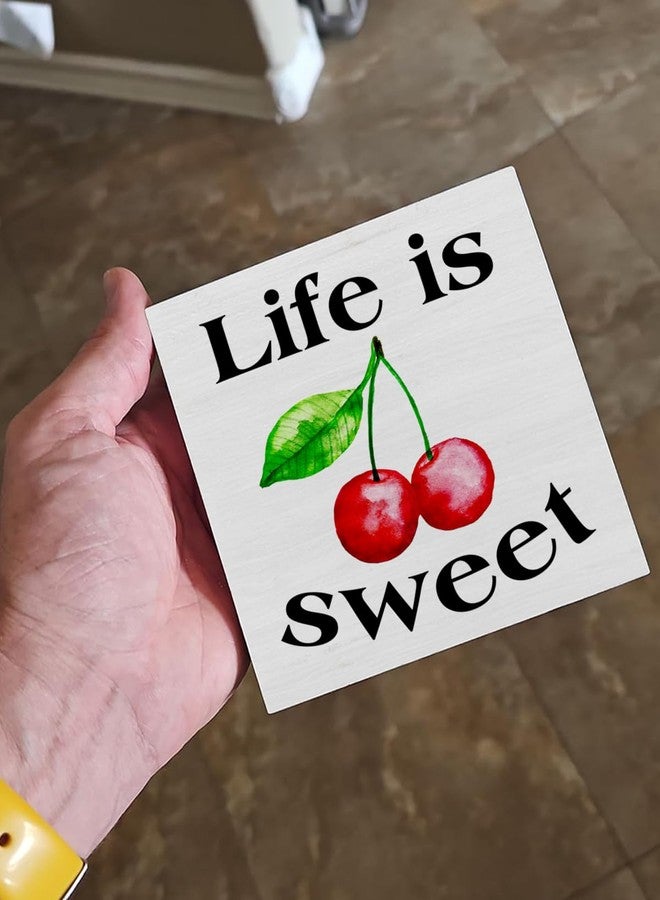 CIANMGD Summer Cherry Wooden Sign Life is Sweet Cherry Wooden Sign Art Blocks Desk Decor Rustic Signs for Shelf Tabletop Wall Home Kitchen Decoration 5 X 5 Inch - Image 5