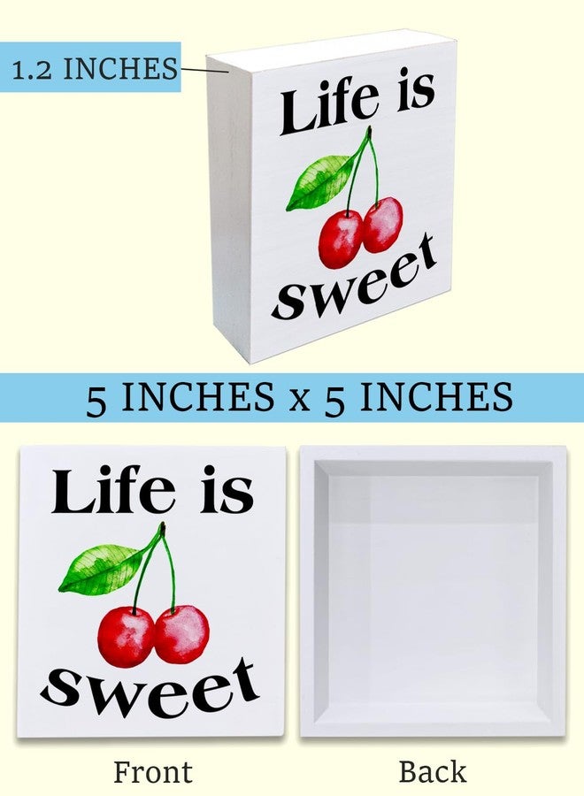 CIANMGD Summer Cherry Wooden Sign Life is Sweet Cherry Wooden Sign Art Blocks Desk Decor Rustic Signs for Shelf Tabletop Wall Home Kitchen Decoration 5 X 5 Inch - Image 2