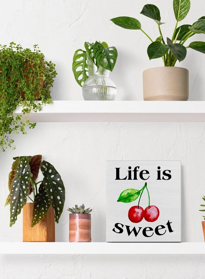 CIANMGD Summer Cherry Wooden Sign Life is Sweet Cherry Wooden Sign Art Blocks Desk Decor Rustic Signs for Shelf Tabletop Wall Home Kitchen Decoration 5 X 5 Inch - Image 4