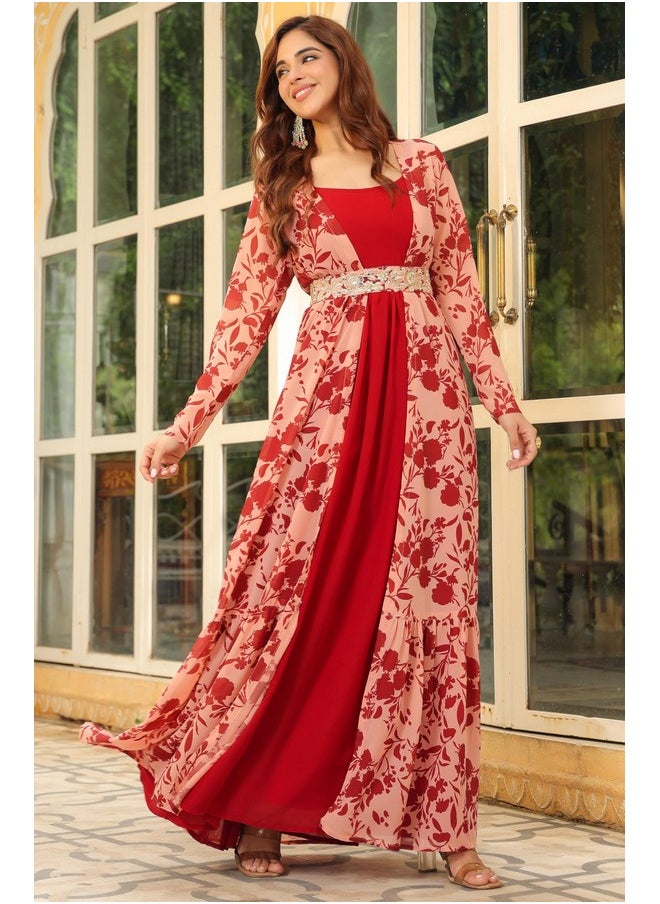 Janasya Women's Maroon Georgette Floral Printed Embroidered Belted Dress with Jacket (JAB24DR00578-XL) - pzsku/ZB49D4439251AE7F63A25Z/45/_/1738305740/d5ffeba2-92f1-45af-82b9-b789f9d41841