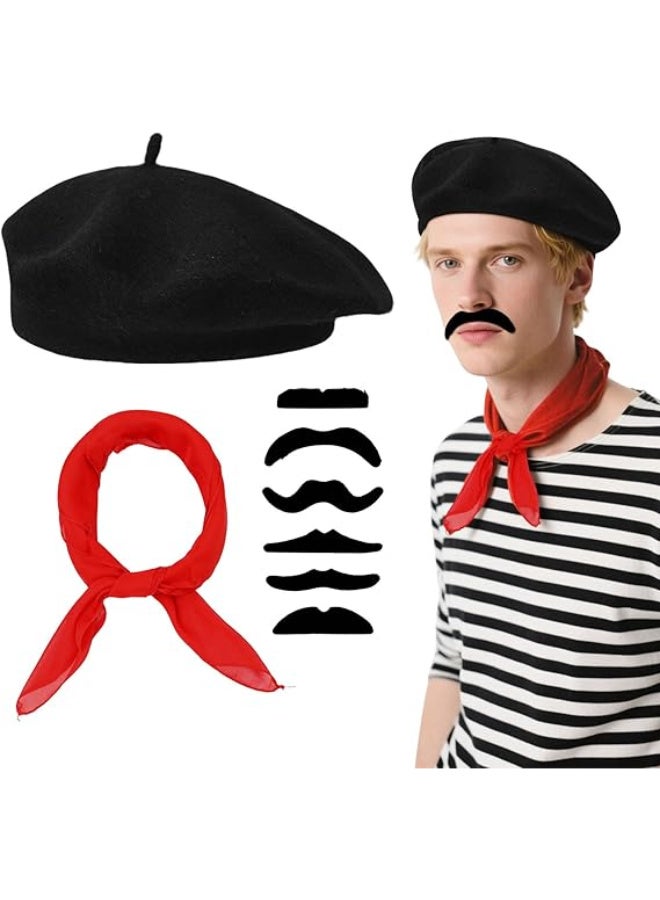 JOUDIYA 8 Pieces French Men's Set French Adult Unisex Fancy Dress Costume Accessories Set with Beret Moustache Scarf, Fancy Dress Costume Artist Mime Kit - Image 1