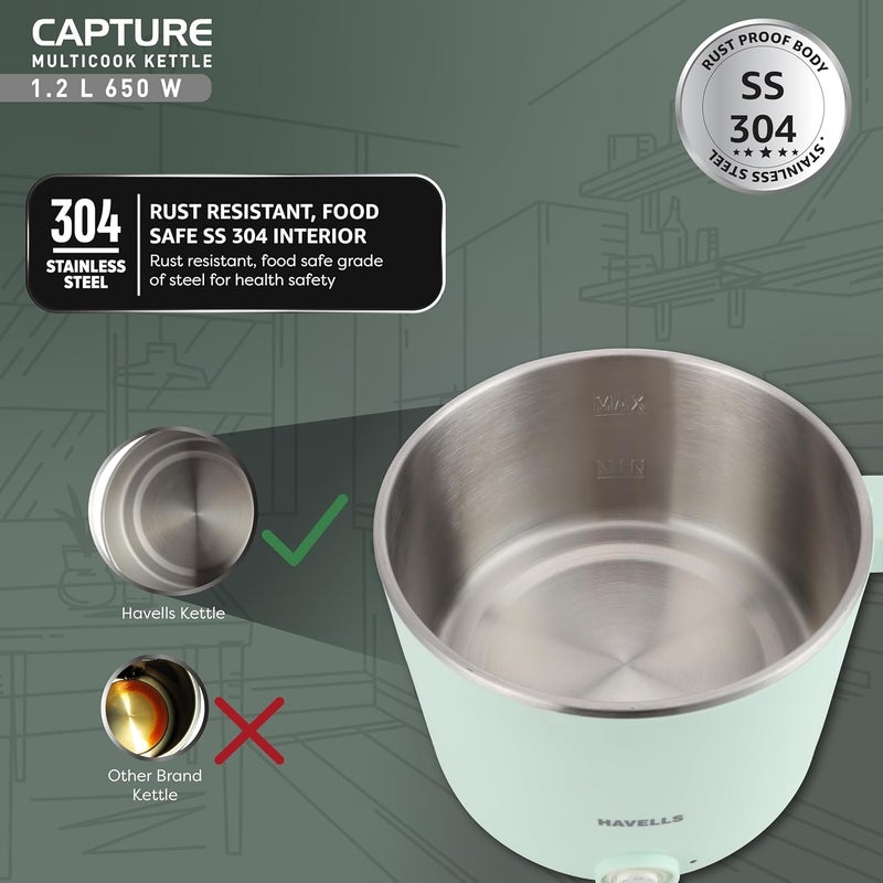 Havells غلاية كهربائية متعددة الطهي سعة 1.2 لتر مع بخار | 650 واط | جسم داخلي من الفولاذ المقاوم للصدأ 304 | تطبخ المعكرونة، الأرز، الحليب | جسم بارد الملمس | ضمان لمدة عامين (أخضر) - Image 5