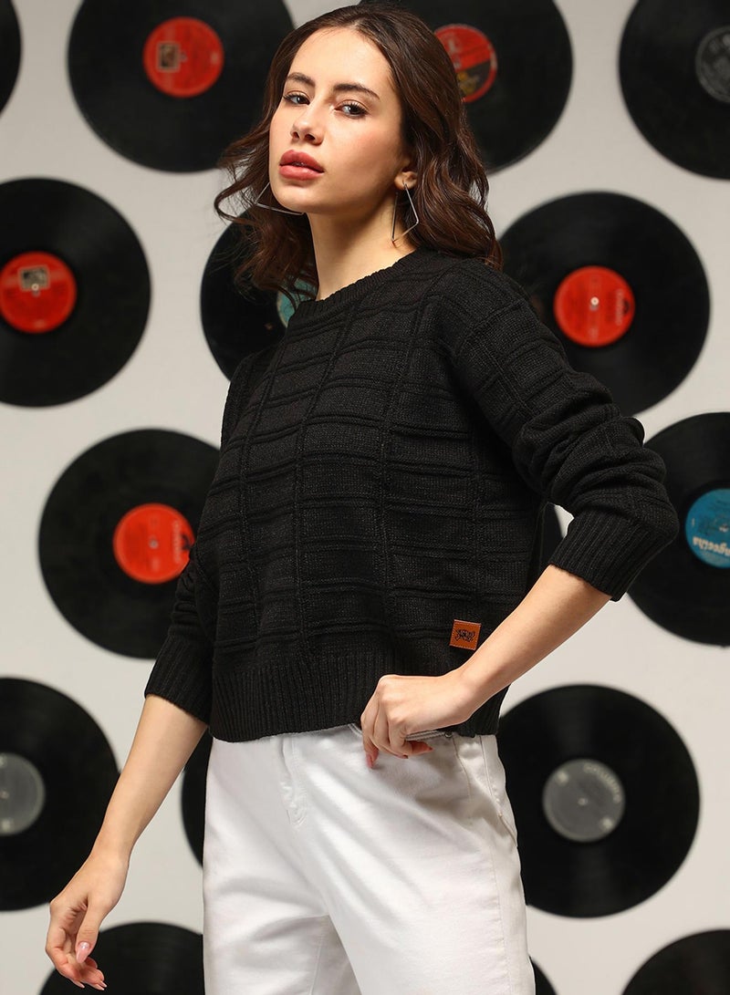 Campus Sutra Women's Onyx Black Geometric-Textured Pullover Sweater  - Image 3