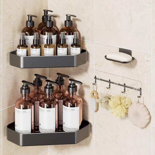 Veken Aluminum Corner Shower Caddy 4Pack Never Rust No Drilling Adhesive Shelves Stainless Rack with Soap Holder Bathroom Organizers and Storage WallMounted Kitchen Home Decor Grey - Image 1