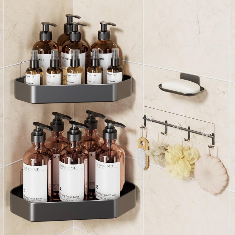 Veken Aluminum Corner Shower Caddy 4Pack Never Rust No Drilling Adhesive Shelves Stainless Rack with Soap Holder Bathroom Organizers and Storage WallMounted Kitchen Home Decor Grey - Image 2