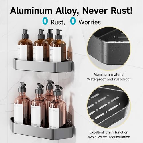 Veken Aluminum Corner Shower Caddy 4Pack Never Rust No Drilling Adhesive Shelves Stainless Rack with Soap Holder Bathroom Organizers and Storage WallMounted Kitchen Home Decor Grey - Image 3