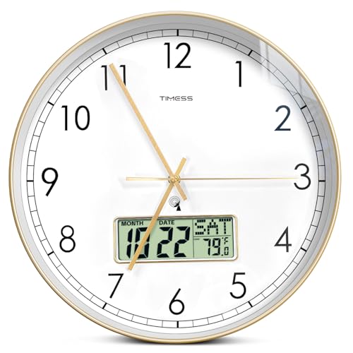 TIMESS Atomic Analog Wall Clock WWVB SelfSetting Battery Operated 12 Dial NonTicking Silent Easy to Read Use Clock with LCD Display Ideal Modern Home Kitchen Office Dcor Gold - Image 1