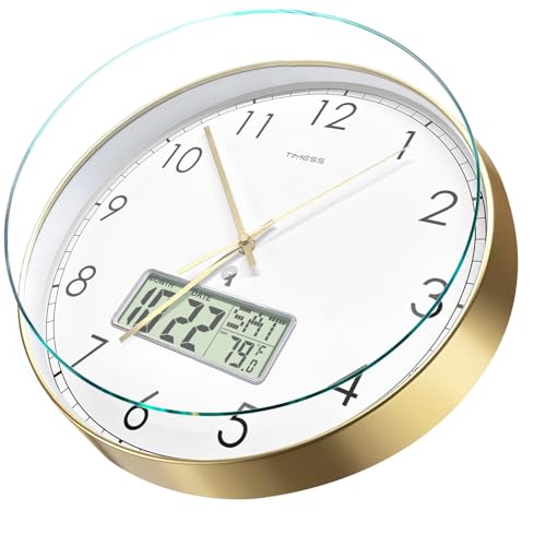 TIMESS Atomic Analog Wall Clock WWVB SelfSetting Battery Operated 12 Dial NonTicking Silent Easy to Read Use Clock with LCD Display Ideal Modern Home Kitchen Office Dcor Gold - Image 3