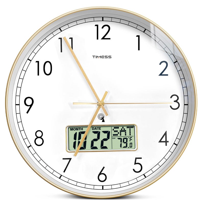TIMESS Atomic Analog Wall Clock WWVB SelfSetting Battery Operated 12 Dial NonTicking Silent Easy to Read Use Clock with LCD Display Ideal Modern Home Kitchen Office Dcor Gold - Image 2
