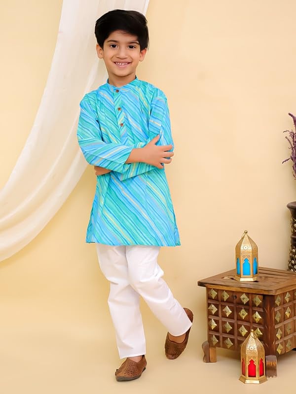 superminis Cottton Full Sleeves Lehariya Printed Kurta Pyjama Set for Boys (12-18 Months, Green) - Image 4