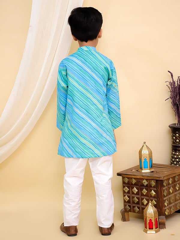 superminis Cottton Full Sleeves Lehariya Printed Kurta Pyjama Set for Boys (12-18 Months, Green) - Image 3