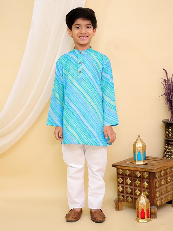 superminis Cottton Full Sleeves Lehariya Printed Kurta Pyjama Set for Boys (12-18 Months, Green) - Image 2